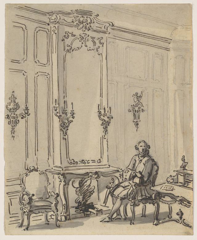 Canaletto:  [After 1717] - A Venetian Interior, with a Young Man Seated by the Fire - Drawing - Pen and black ink, gray wash - Metropolitan Museum of Art, New York