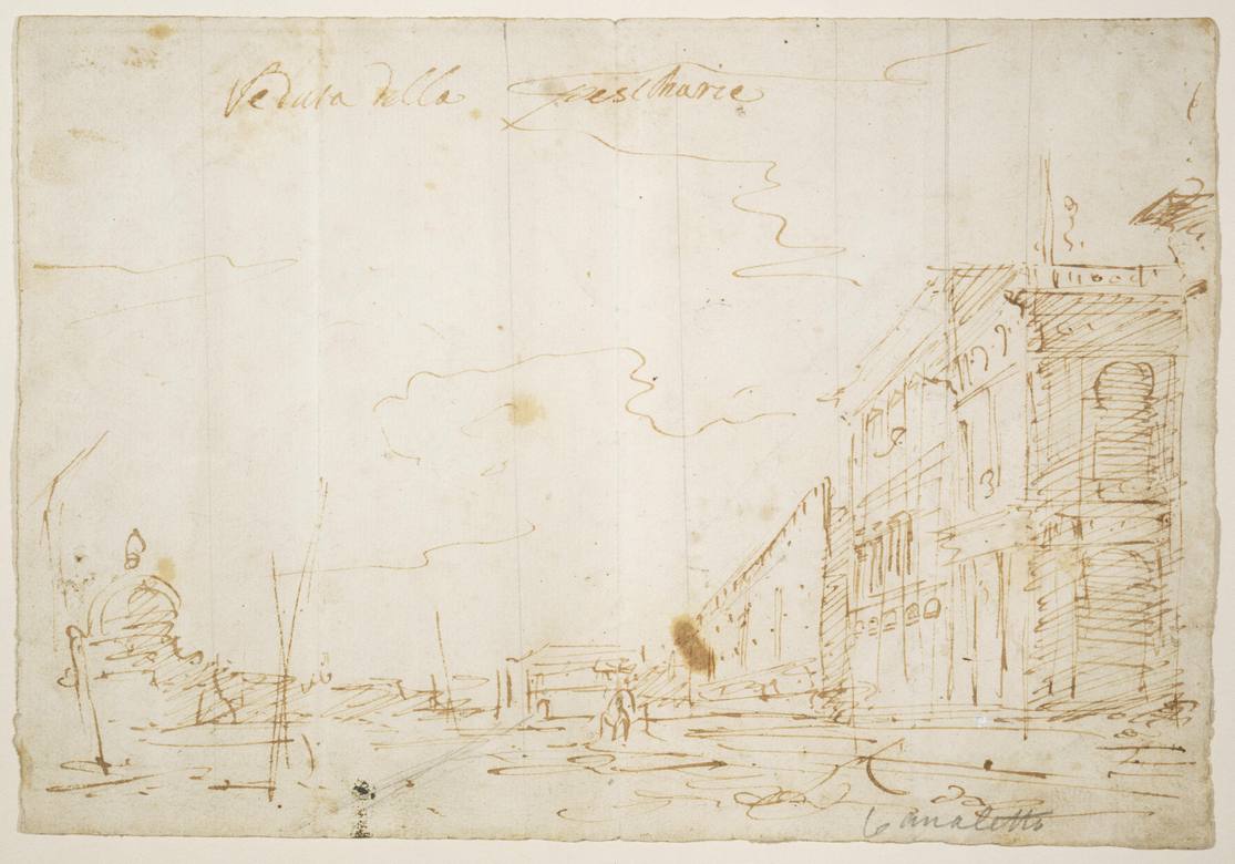 Canaletto:  [1720-30] - View of the old Fish Market in Venice - Drawing - Pen and brown ink over traces of graphite, ruled in graphite, on cream laid paper - Philadelphia Museum of Art