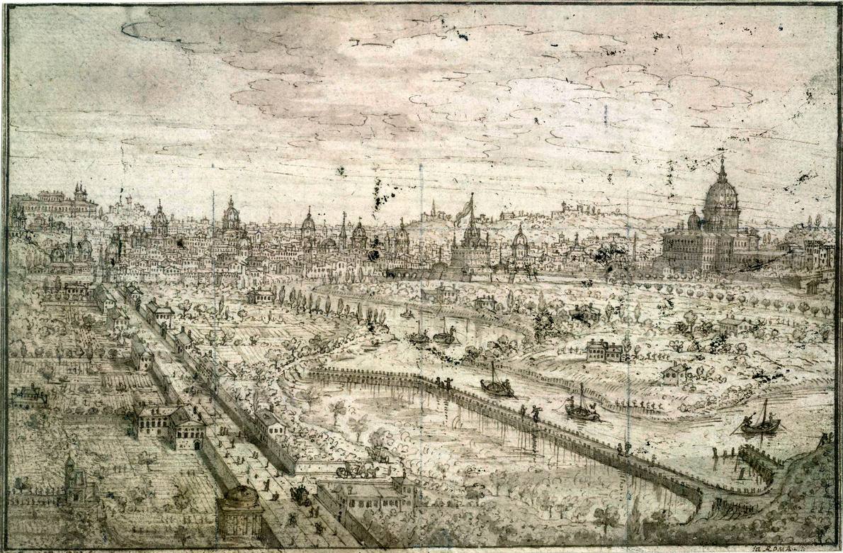 Canaletto:  [ca. 1720] - #1 - View of the Tiber and Rome from the Basilica of St Valentino on the Via Flaminia - Drawing - Pen and brown ink, with grey-brown wash, three vertical ruled lines in black chalk - British Museum, London - Enhanced version