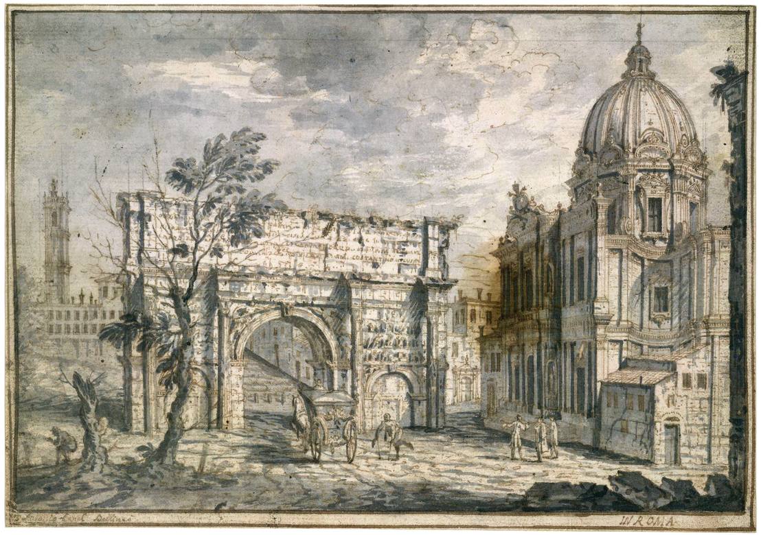 Canaletto:  [ca. 1720] - #3 - Arch of Septimius Severus, Rome - Drawing - Pen and brown ink, with grey wash, over black chalk - British Museum, London - Enhanced version