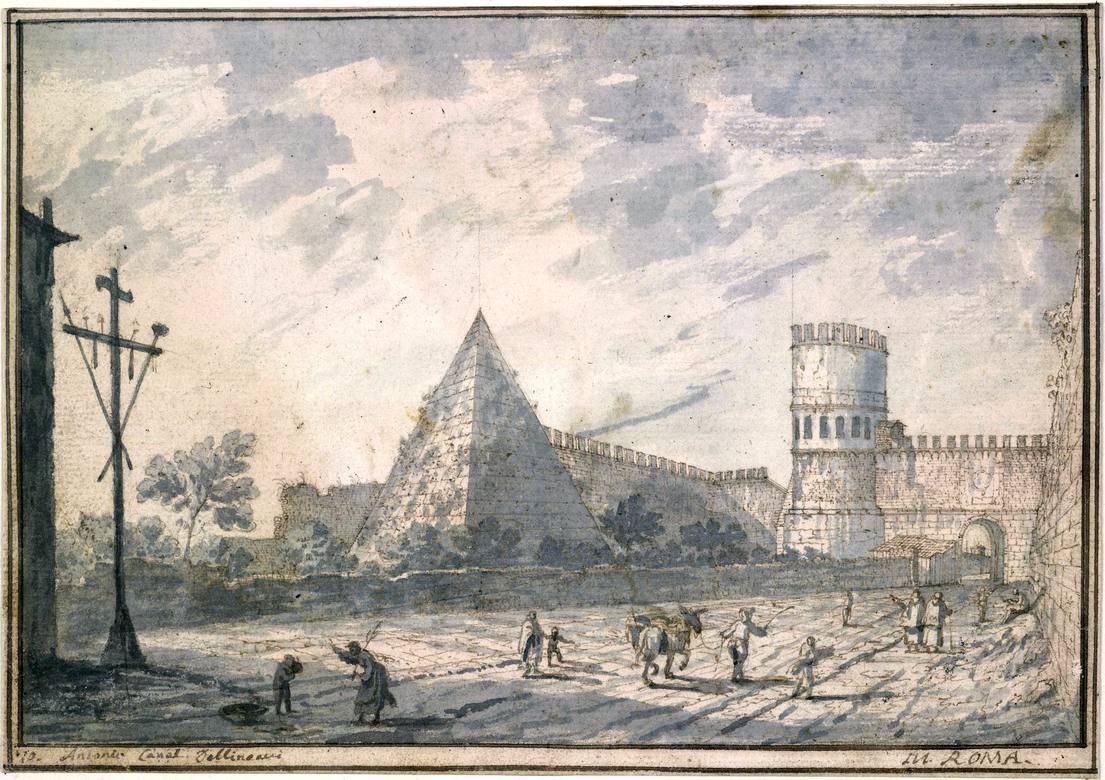 Canaletto:  [ca. 1720] - #10 - The Pyramid of Cestius and Porta S Paolo, Rome - Drawing - Pen and brown ink, with grey wash, over black chalk - British Museum, London - Enhanced version
