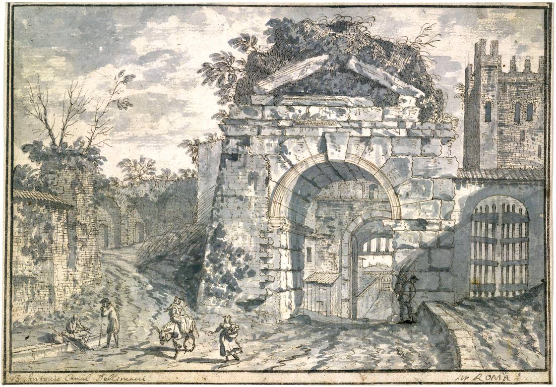 Canaletto:  [ca. 1720] - #13 - View of the Arch of Drusus, Rome - Drawing - Pen and brown ink, with grey wash, over black chalk - British Museum, London - Enhanced version