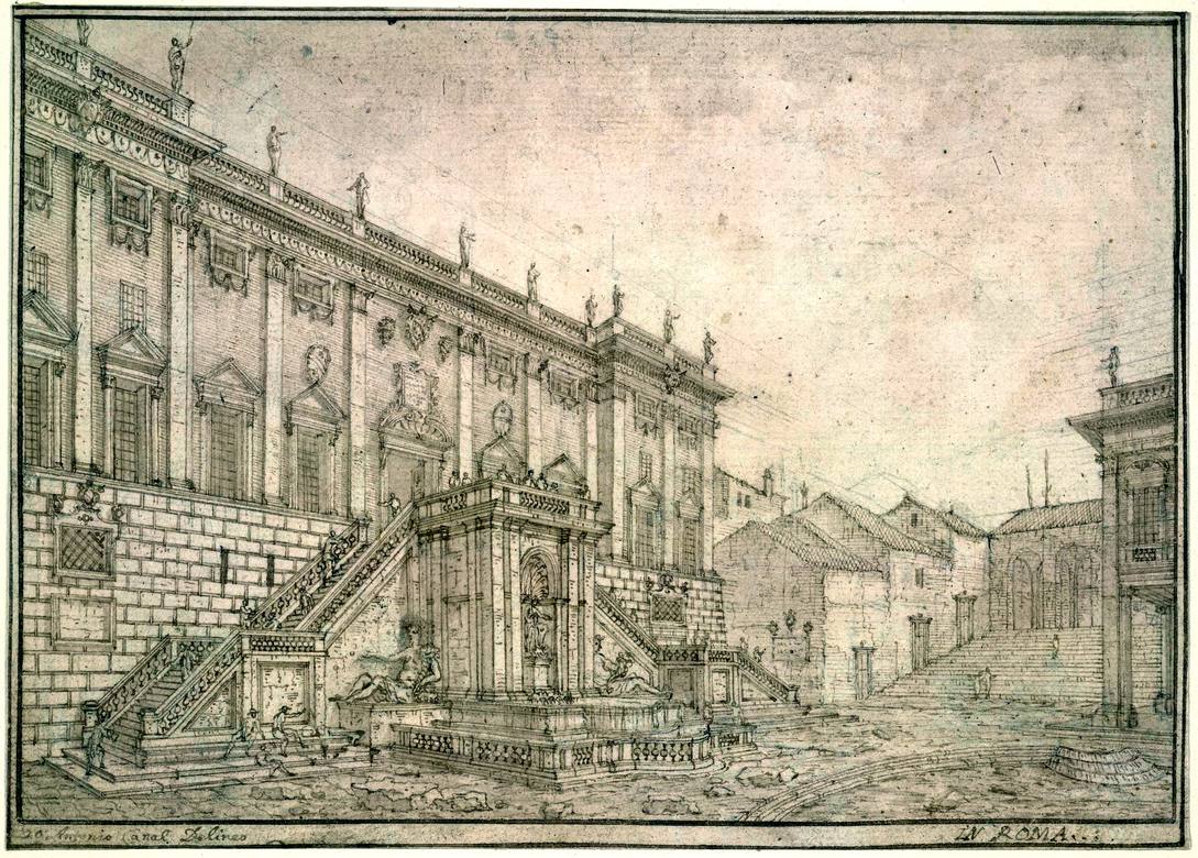 Canaletto:  [ca. 1720] - #20 - View of the Piazza del Campidoglio with Palazzo Senatorio, Rome - Drawing - Pen and brown ink, with grey-brown wash, over black chalk - British Museum, London - Enhanced version