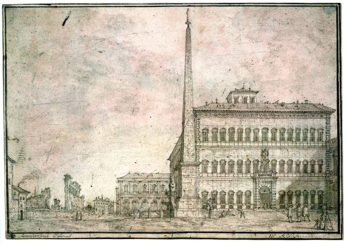 Canaletto:  [ca. 1720] - #22 - A view of Piazza S Giovanni Laterano, Rome - Drawing - Pen and brown ink, with light brown wash, over black chalk - British Museum, London - Enhanced version