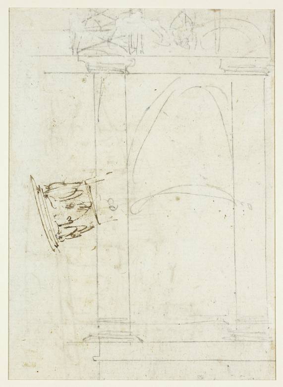 Canaletto:  [ca. 1720] - Architectural Sketches - Drawing - Black chalk and pen and brown ink, on ivory laid paper, perimeter mounted on cream card - Art Institute Chicago