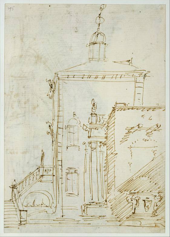 Canaletto:  [ca. 1727-29] - A Magnificent Pavilion by the Lagoon - Drawing - Pen and brown ink, over traces of graphite - Metropolitan Museum of Art, New York