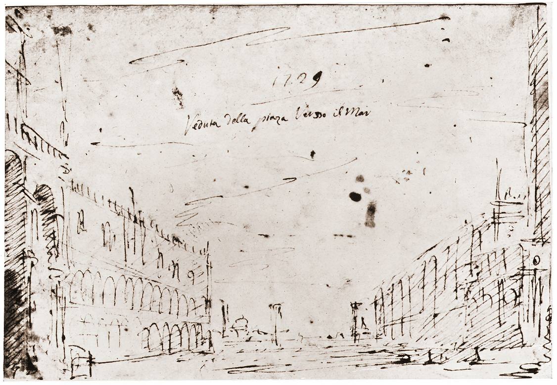 Canaletto:  [1729] - A View across the Piazzetta towards S.Giorgio Maggiore  - Sketch - Pen on white paper - Private Collection - Professor William Bateson, Professor William Bateson