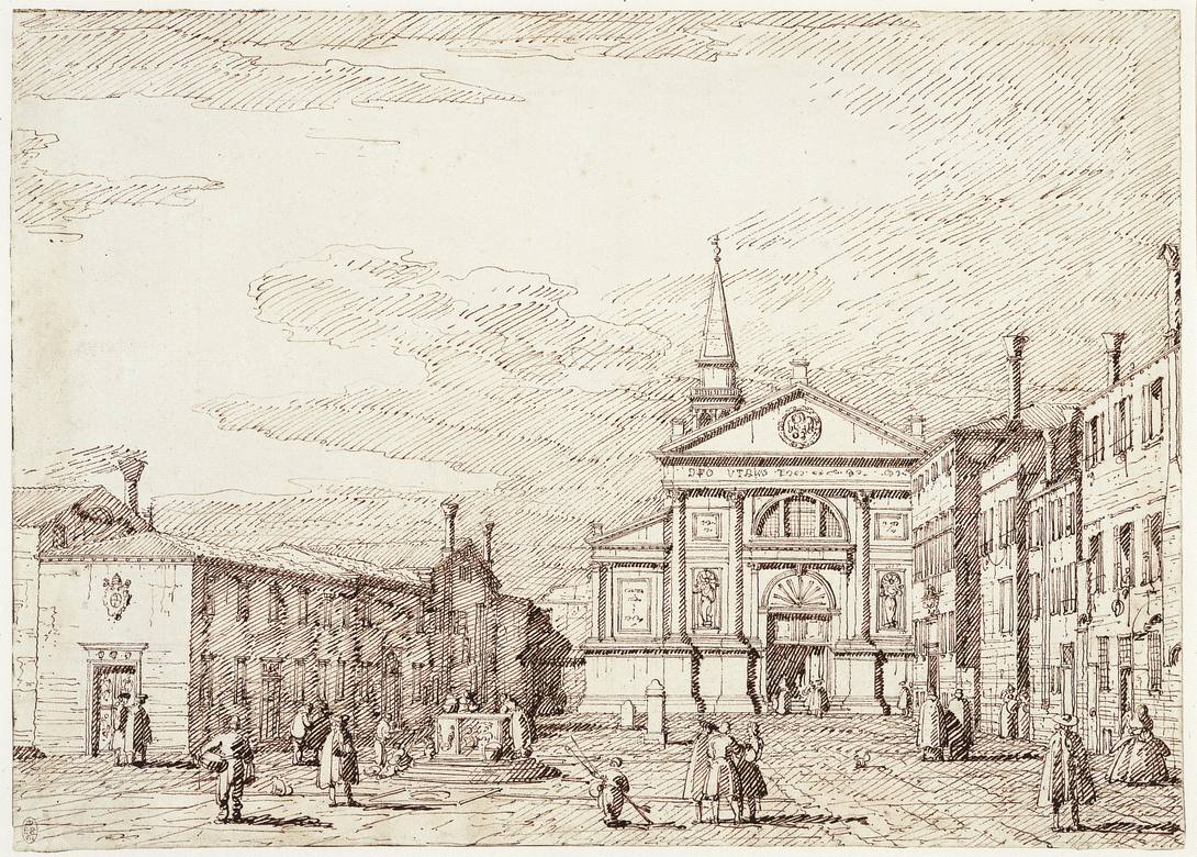Canaletto:  [ca. 1735-40] - Venice - Campo San Francesco della Vigna - Drawing - Pen and ink, over free and ruled pencil and pinpointing - Royal Collection Trust, RCIN 907494