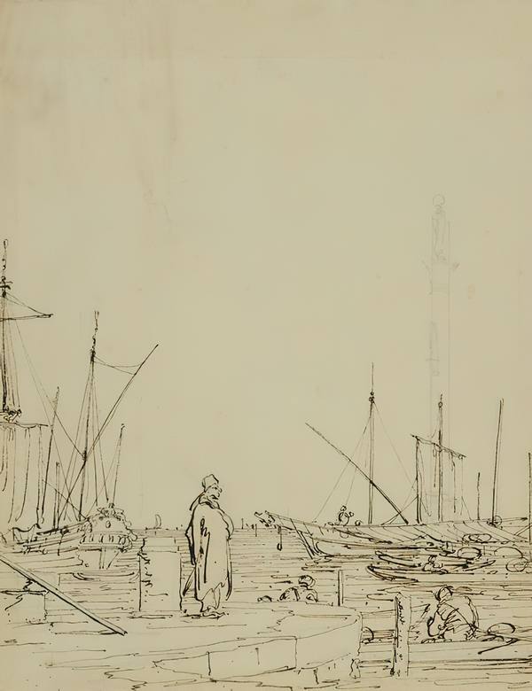 Canaletto:  [ca. 1740-45] - Verso - Ships and a figure on the quayside - Drawing - Pen and ink, over pencil - Royal Collection Trust, RCIN 907515