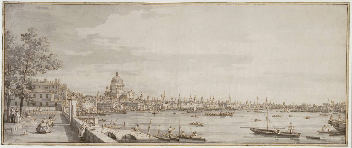 Canaletto:  [ca. 1750] - London - A view of the City from the terrace of Somerset House - Drawing - Pen and ink, with grey wash, over free and ruled pencil and pinpointing - Royal Collection Trust, RCIN 907560