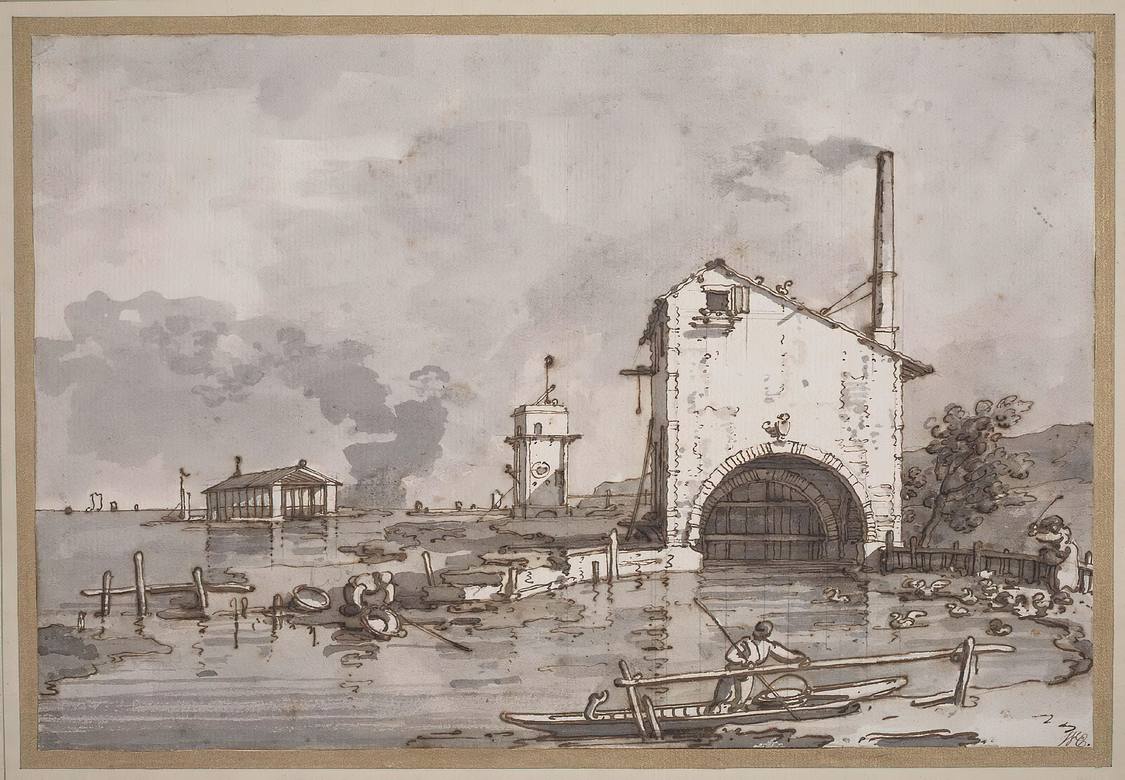 Canaletto: Capriccio - House and Tower on a Lagoon - Drawing - Pen and brown ink with brush and gray wash over graphite pencil on white paper, laid down on a decorated mount - Museum of Fine Arts, Boston