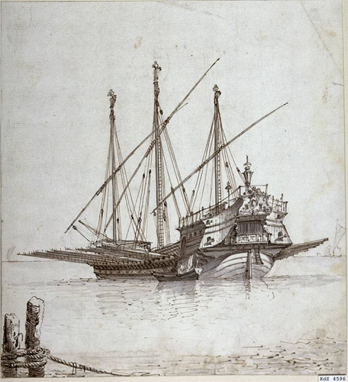 Canaletto: Three-masted galley - Drawing - Brown pen, black-grey brush, over a preliminary drawing with gray pencil, on paper - Staatliche Museen zu Berlin