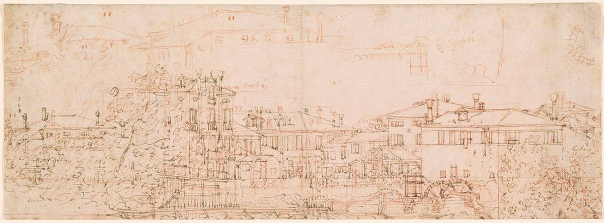Canaletto: Houses Along a River - Drawing - Pen and brown ink, over red chalk, on paper - The Morgan Library & Museum, New York