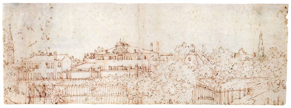 Canaletto: Panoramic View of Houses and Gardens by a River, perhaps at Padua - Drawing - Pen and brown ink over red chalk - Fogg Art Museum