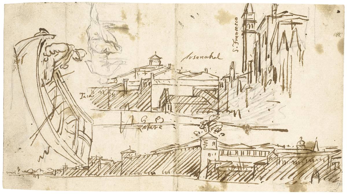 Canaletto: Venetian views: the Arsenal, San Francesco della Vigna, a man in a boat, and a study of a man seen from behind - Sketches - Pen and brown ink over black chalk and black chalk (the figure of a man), partly indented with stylus