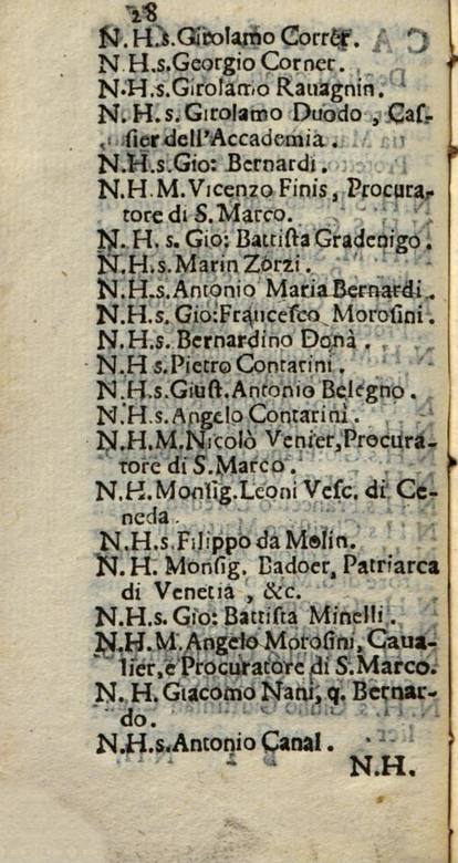 Vincenzo Maria Coronelli:  [1687] - Catalogo degli associati dell'Accademia degli Argonauti - page 28 with Antonio Canal name at the bottom
