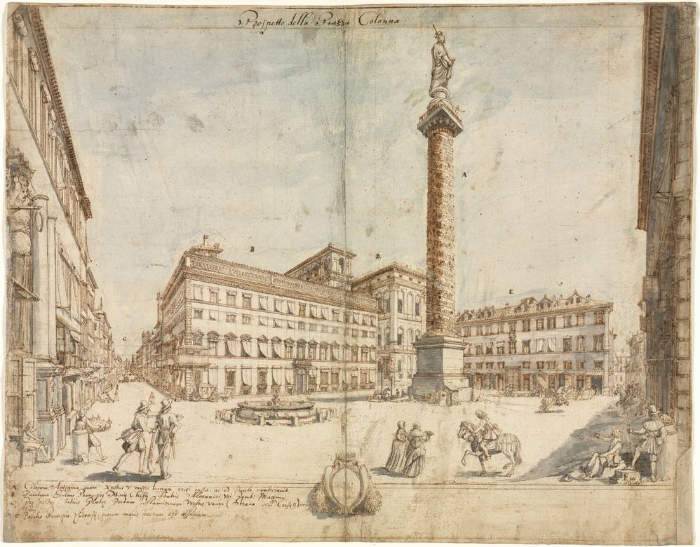 Lievin Cruyl:  [1664] - Eighteen Views of Rome: The Piazza Colonna - Drawing - Pen and brown ink and brush and gray and blue wash over stylus and graphite - framing lines in brown ink - Cleveland Museum of Art