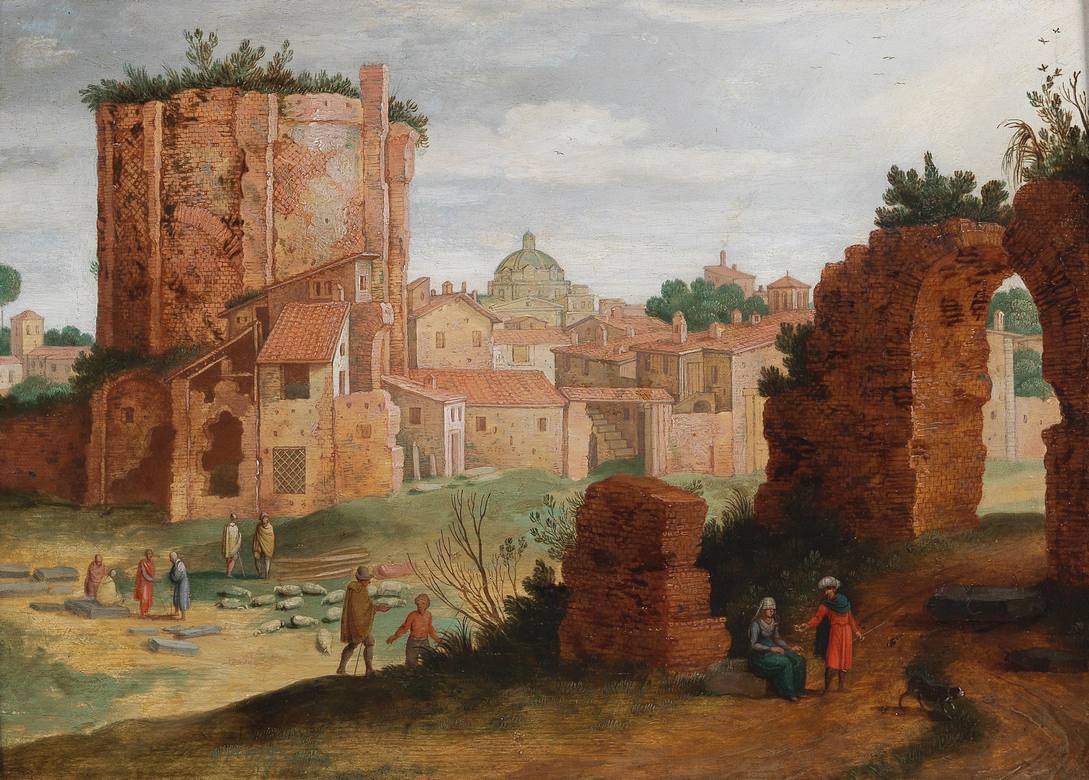 Willem van Nieulandt II: View of a town with Roman ruins and figures - Oil on panel - Private Collection, Belgium