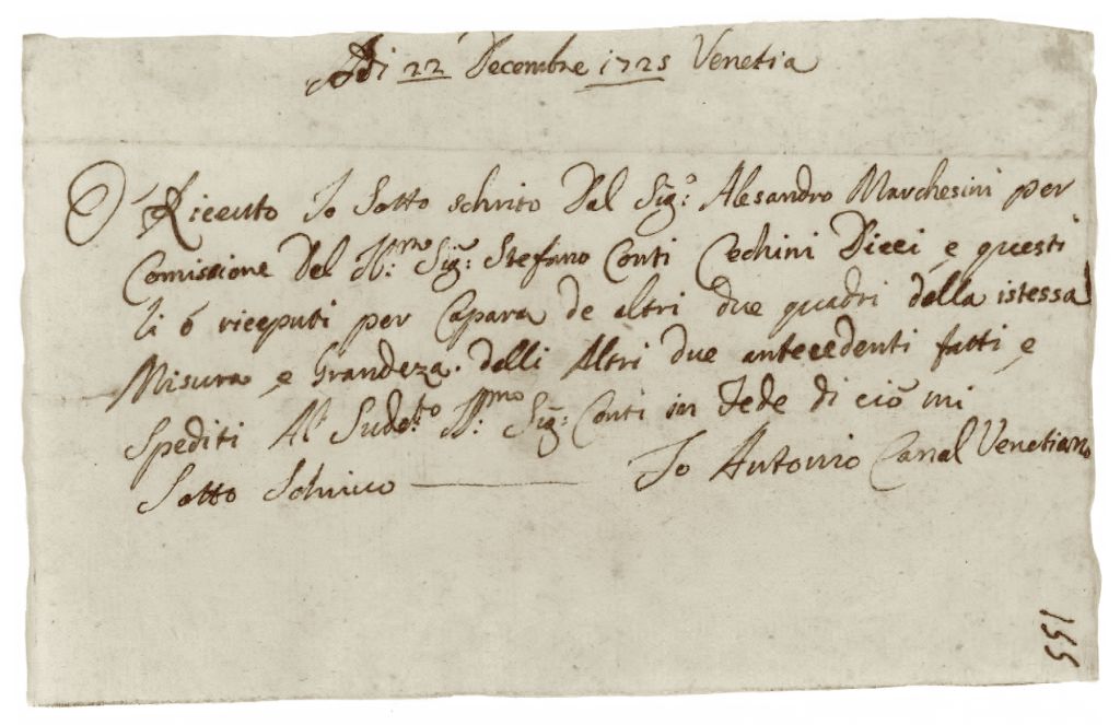 Canaletto:  [December 22, 1725] - Receipt for a 10 Sequins down payment from Stefano Conti for two paintings he will deliver