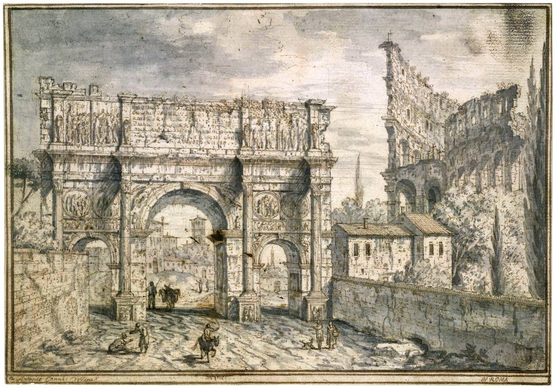 Canaletto:  [1720] - #2 - View of the Arch of Constantine, Rome - Drawing - Pen and brown ink, with grey wash, over black chalk - British Museum, London - Enhanced version