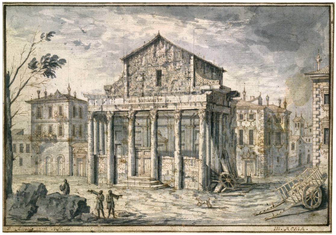 Canaletto:  [ca. 1720] - #5 - Temple of Antonius and Faustina, Rome - Drawing - Pen and brown ink, with grey wash, over black chalk - British Museum, London - Enhanced version