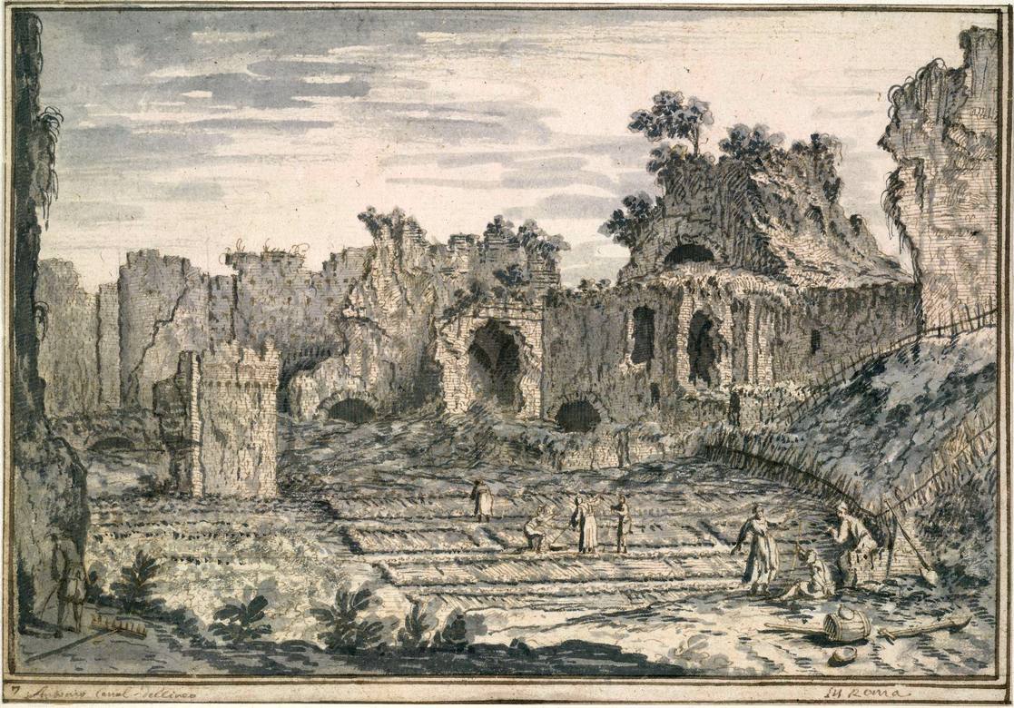 Canaletto:  [ca. 1720] - #7 - The Baths of Caracalla - Rome - Drawing - Pen and brown ink, with grey wash, over black chalk - British Museum, London - Enhanced version