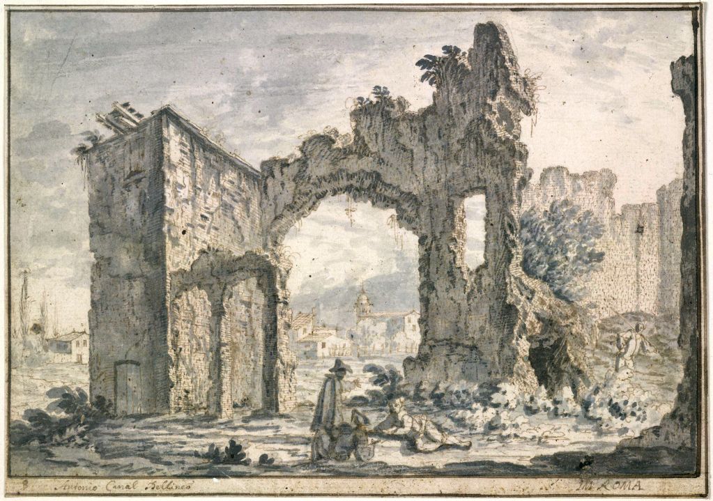 Canaletto:  [ca. 1720] - #8 - The Baths of Caracalla - Rome - with S Cesareo seen through an archway - Drawing - Pen and brown ink, with grey wash, over black chalk - British Museum, London - Enhanced version