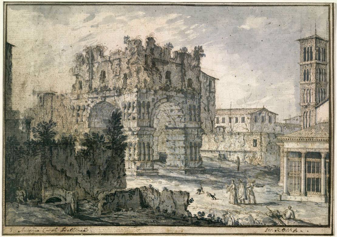 Canaletto:  [ca. 1720] - #9 - The Arch of Janus (Ianus Quadrifons), with S Giorgio in Velabro at right, Rome - Drawing - Pen and brown ink, with grey wash, over black chalk - British Museum, London - Enhanced version