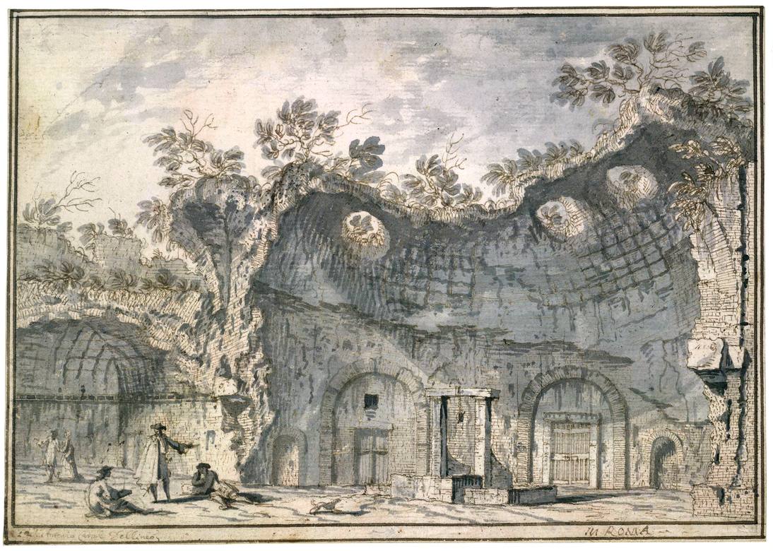 Canaletto:  [ca. 1720] - #12 - A half-domed ruin with circular openings in the roof, Rome - Drawing - Pen and brown ink, with grey wash, over black chalk - British Museum, London - Enhanced version