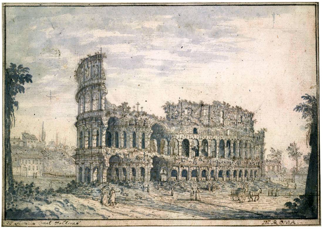 Canaletto:  [ca. 1720] - #15 - The Colosseum, Rome - Drawing - Pen and brown ink, with grey wash, over black chalk - British Museum, London - Enhanced version