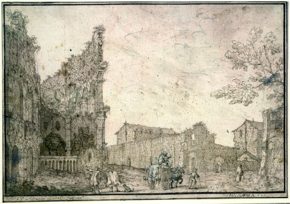Canaletto:  [ca. 1720] - #18 - Exterior walls of the Colosseum, Rome - Drawing - Pen and brown ink, with grey-brown wash, over black chalk - British Museum, London - Enhanced version