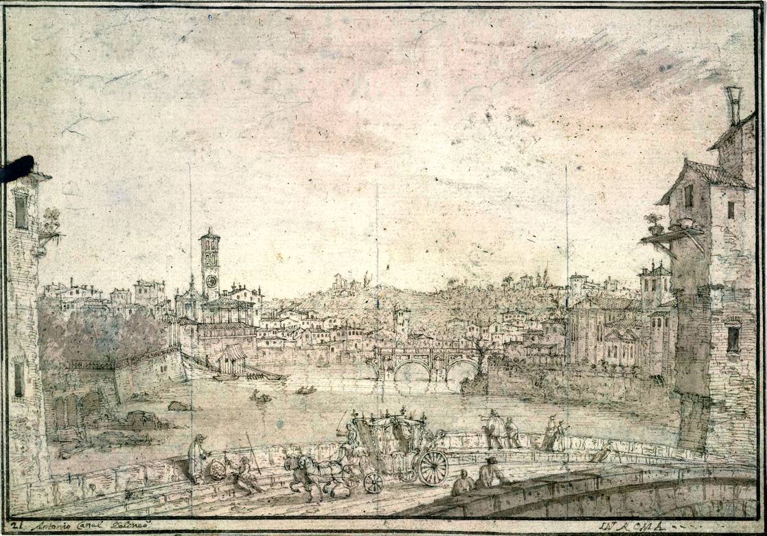 Canaletto:  [ca. 1720] - #21 - A view of Rome from the Ponte Fabricius, with the Ponte Rotto and S Maria in Cosmedin - Drawing - Pen and brown ink, with light brown wash, over black chalk (three vertical ruled lines dividing the composition into four equal parts) - British Museum, London - Enhanced version
