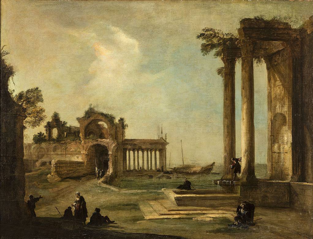 Canaletto:  [1721] - Veduta ideata con rovine romane in riva al mare - Oil on canvas - Private Collection - Collezione V. Cini