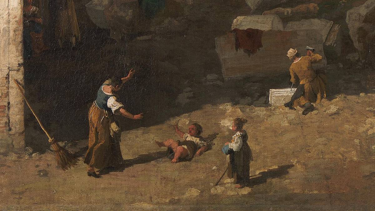 Canaletto:  [ca. 1725] - Campo S. Vidal e Santa Maria della Carità (The Stonemason's Yard) - Oil on canvas - The National Gallery, London - Detail