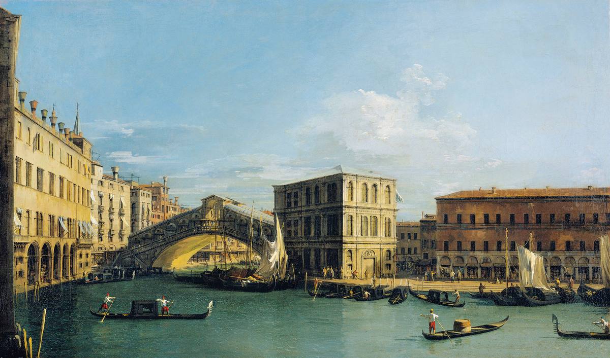 Canaletto:  [ca. 1726-27] - Venice - the Rialto Bridge from the North - Oil on canvas - Royal Collection