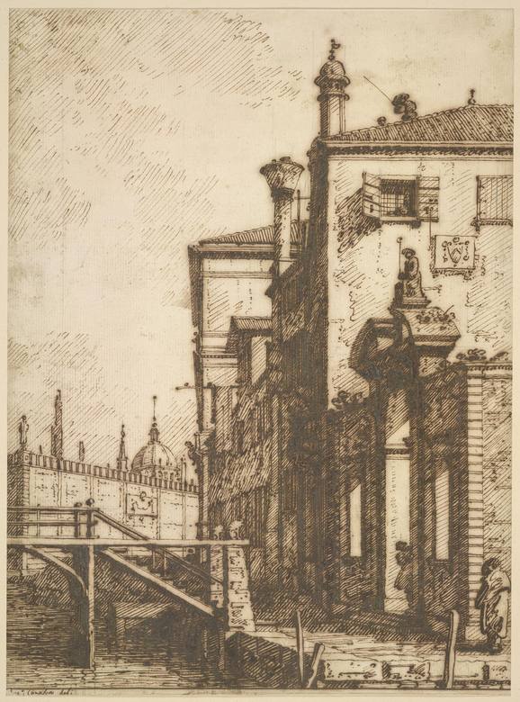 Canaletto:  [ca. 1730-45] - A palace (sometimes identified as Palazzo Gradenigo) on a canal - Drawing - Pen and brown ink, over black chalk (almost all drawn with the aid of a ruler) - British Museum, London