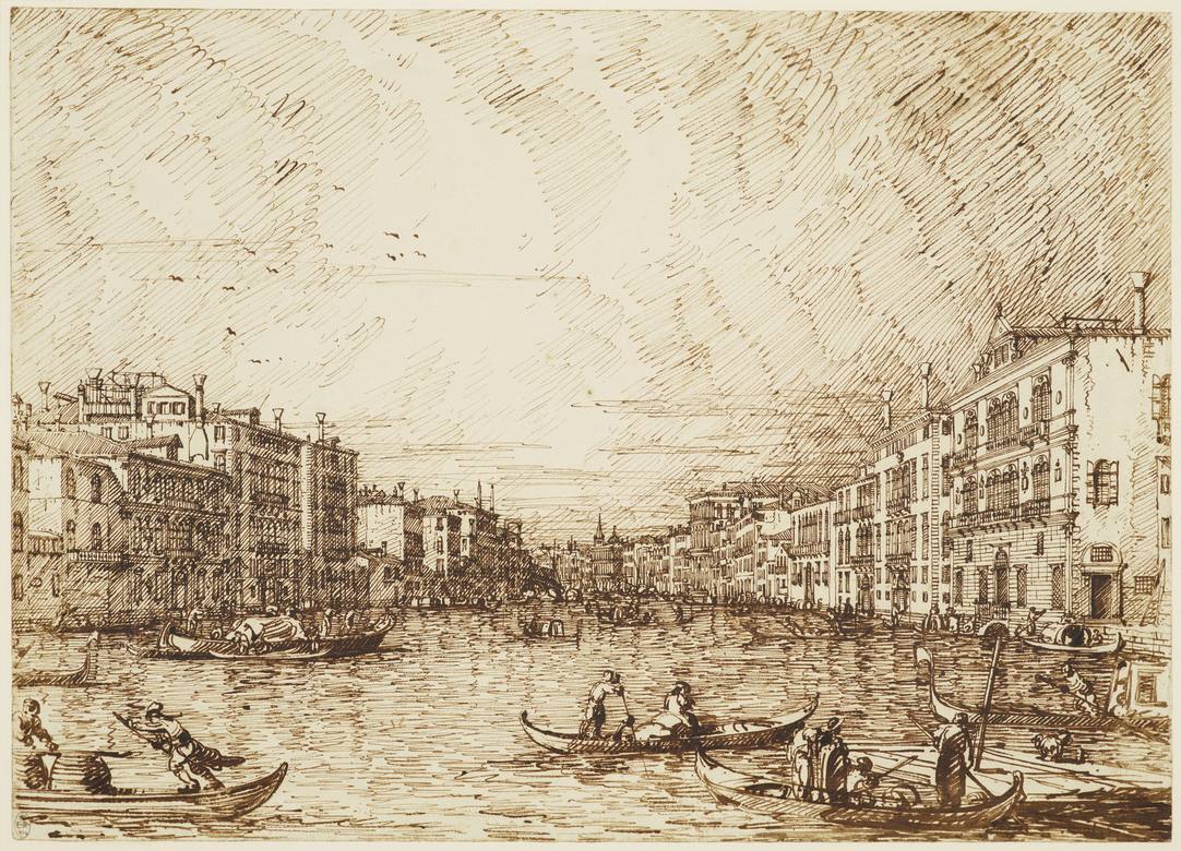 Canaletto:  [ca. 1734] - Venice - The central stretch of the Grand Canal - Drawing - Pen and ink, over ruled pencil and pinpointing - Royal Collection Trust, RCIN 907471