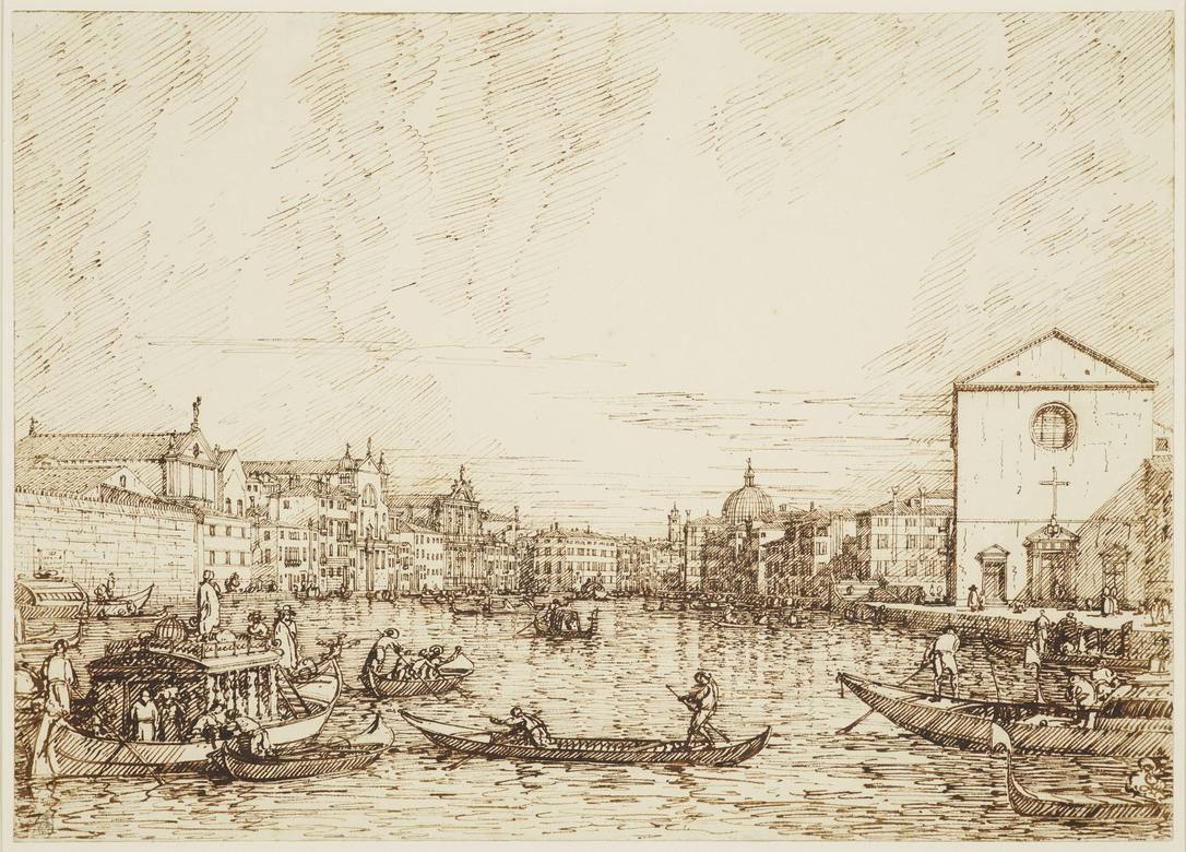 Canaletto:  [ca. 1734] - Venice - The Grand Canal, looking east from the Fondamenta delle Croce - Drawing - Pen and ink, over ruled and a little free pencil and pinpointing - Royal Collection Trust, RCIN 907472