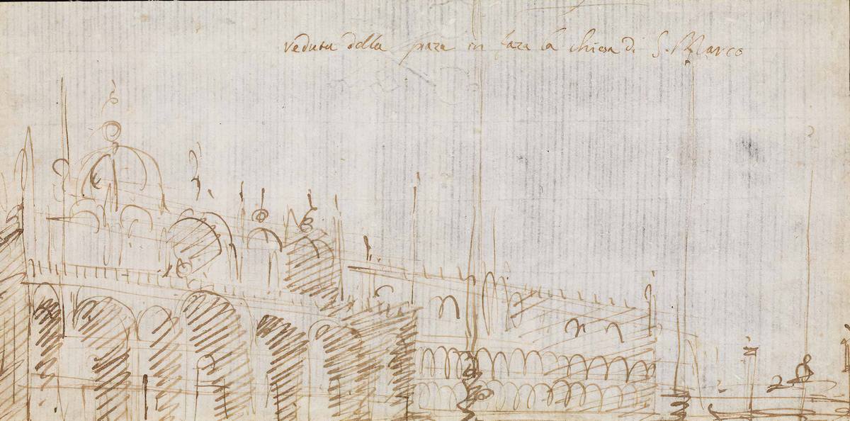 Canaletto:  [1740-43] - St. Mark's Square - Study of the Facade of the Basilica and the Doge's Palace - Drawing - Pen and brown ink - Private Collection, Venezia