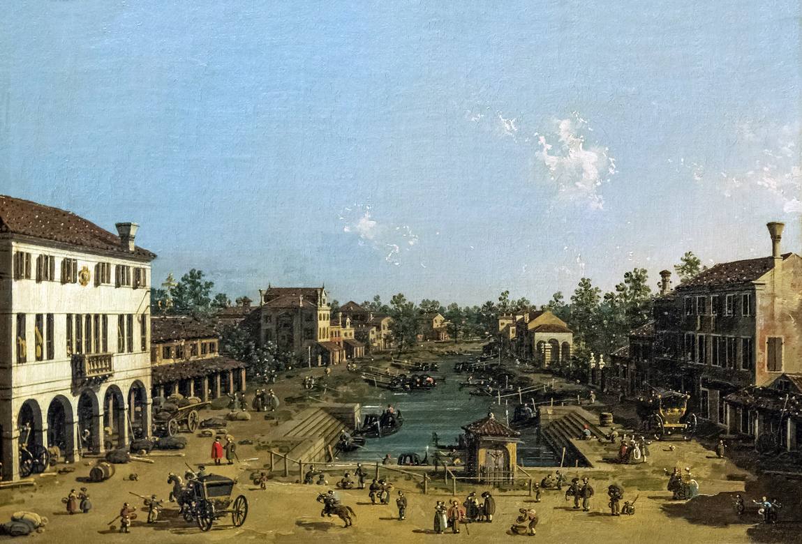 Canaletto:  [ca. 1740] - Veduta di Mestre, Le Riva delle Barche e l'Antica Posta (View of Mestre, alle Barche) - Oil on canvas - Fondation Bemberg, Toulouse