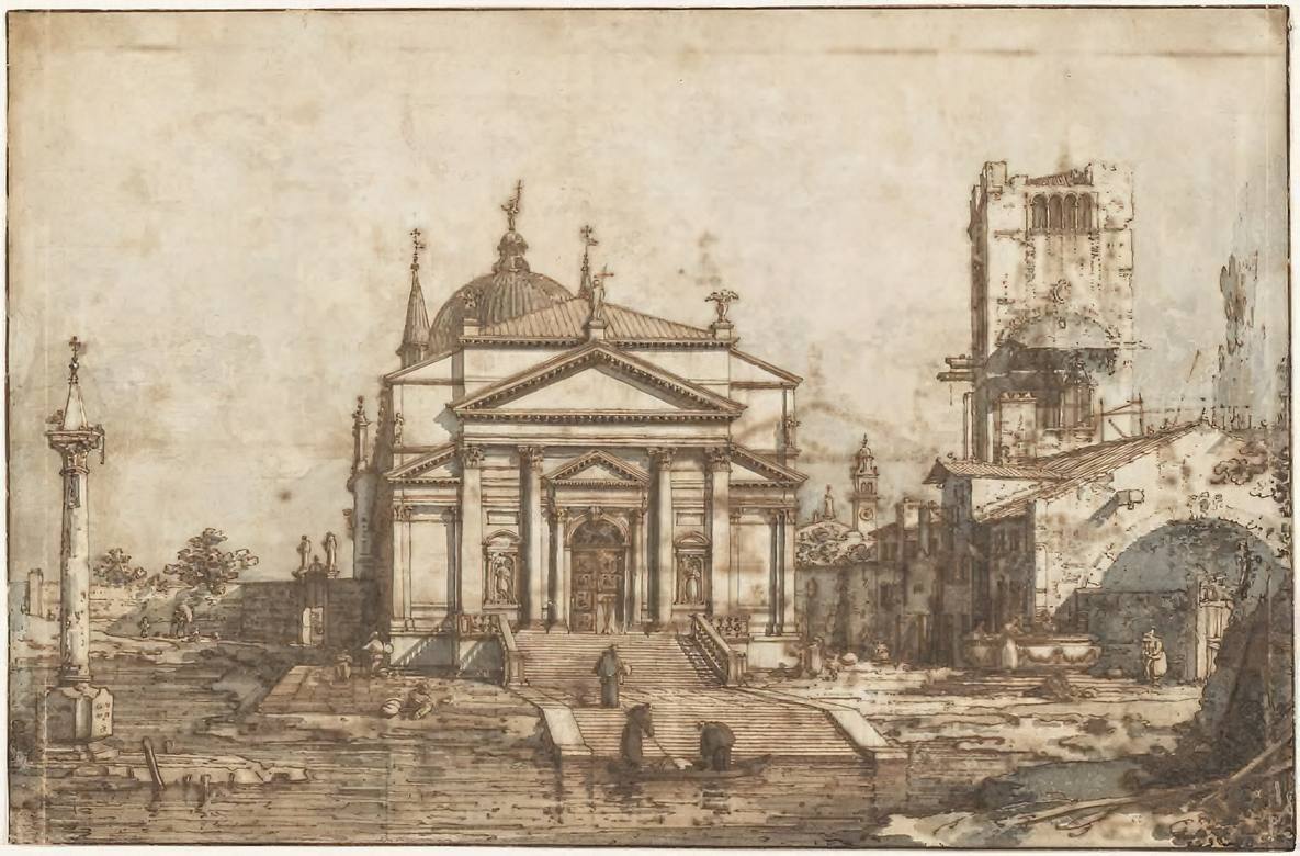Canaletto:  [ca. 1742] - The Church of the Redentore - Drawing - Brown ink, brown and gray wash on cream antique laid paper - Harvard Art Museums