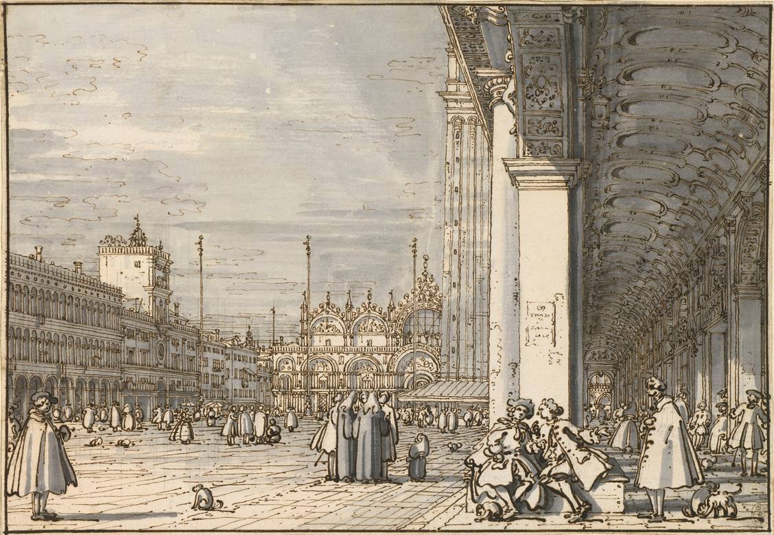 Canaletto:  [ca. 1745] - Venice - Piazza San Marco, looking north-east from the Procuratie Nuove - Drawing - Pen and ink, with bluish-grey wash, over free and ruled pencil and pinpointing - Royal Collection Trust, RCIN 907427