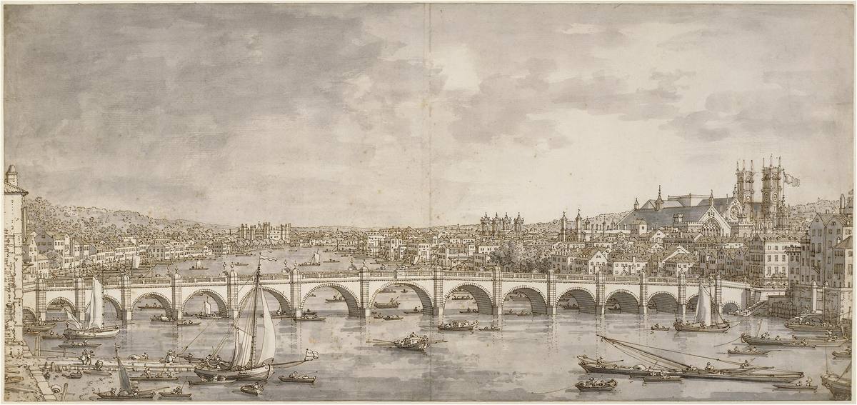 Canaletto:  [ca. 1746-56] - A view in London of the River Thames and Westminster Bridge from the north - Drawing - Pen and brown ink, with grey wash, ruled black chalk lines in the architecture, pinprick of compass point below each arch of the bridge - British Museum, London