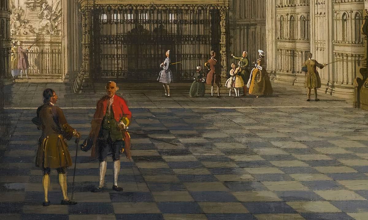 Canaletto:  [1750-53] - The Interior of Henry VII's Chapel in Westminster Abbey - Oil on canvas - Private Collection - Detail