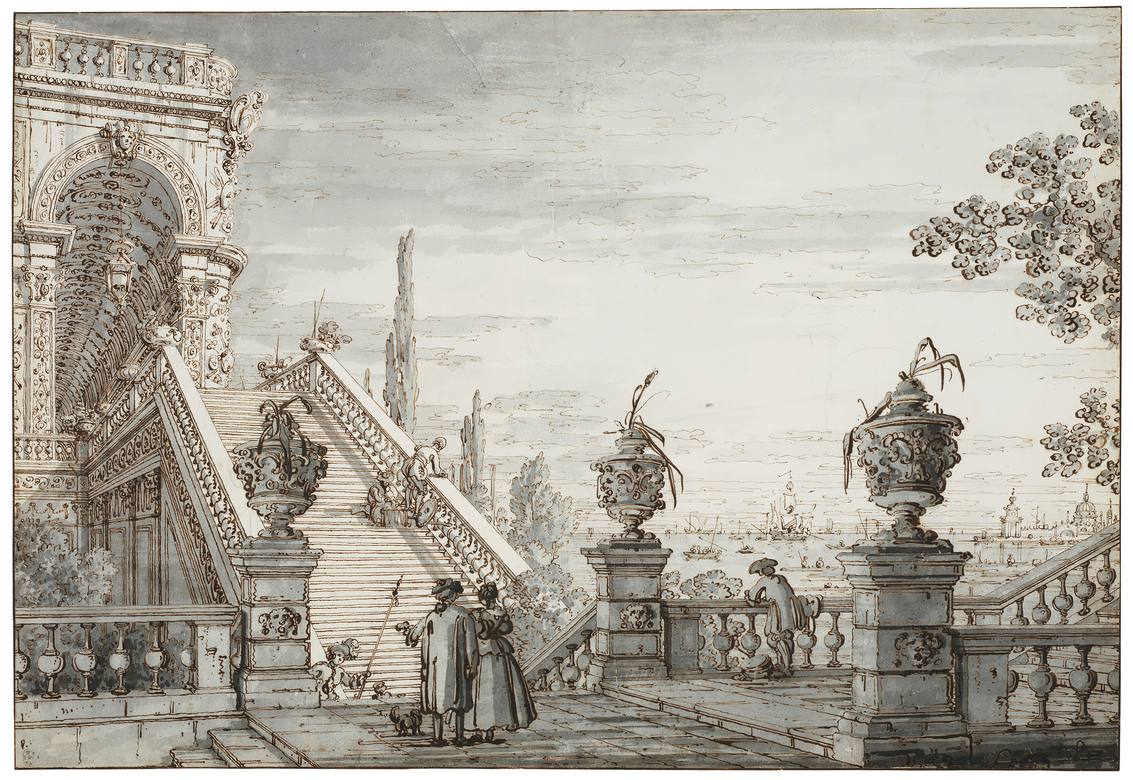 Canaletto:  [ca.1755-60] - A capriccio with a monumental staircase  - Drawing - Pen and ink, with grey wash, over ruled and free pencil and pinpointing - Royal Collection Trust, RCIN 907564