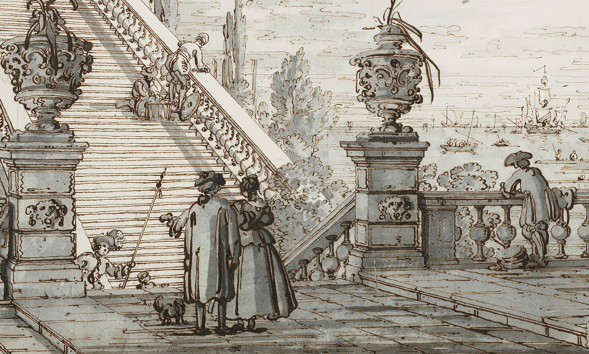 Canaletto:  [ca.1755-60] - A capriccio with a monumental staircase  - Drawing - Pen and ink, with grey wash, over ruled and free pencil and pinpointing - Royal Collection Trust, RCIN 907564 - Detail
