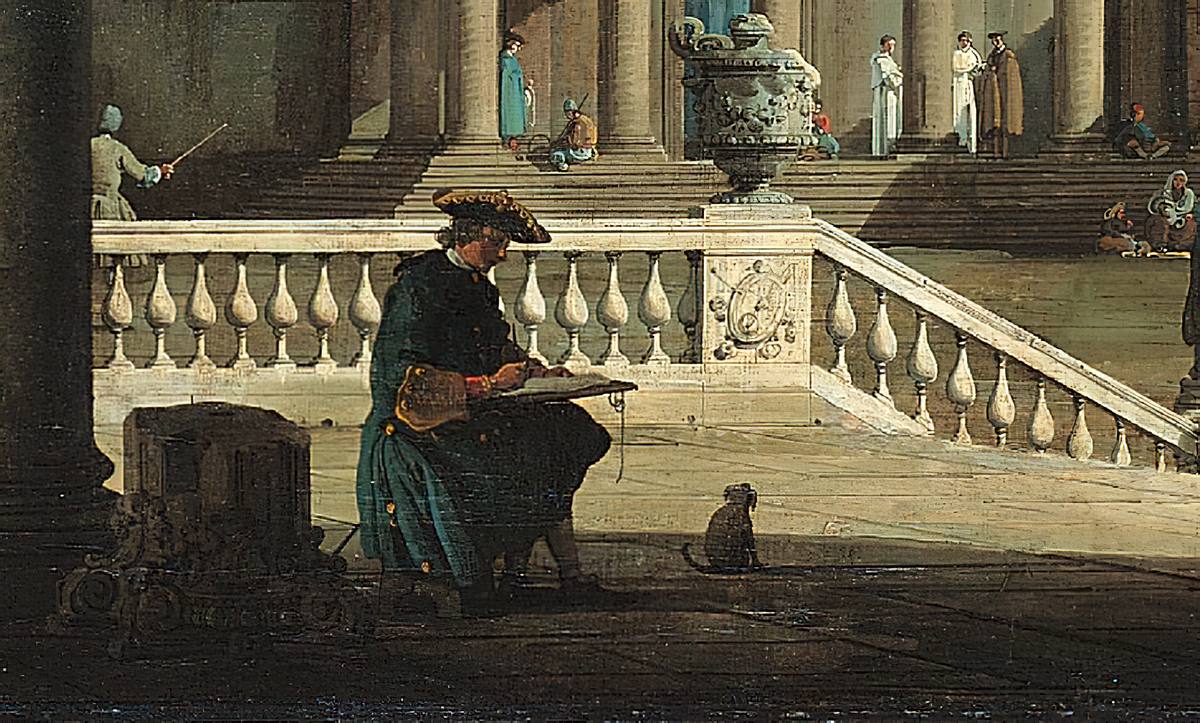 Canaletto:  [1755] - Capriccio con architetture classiche e rinascimentali (Architectural Capriccio) - Detail with young painter