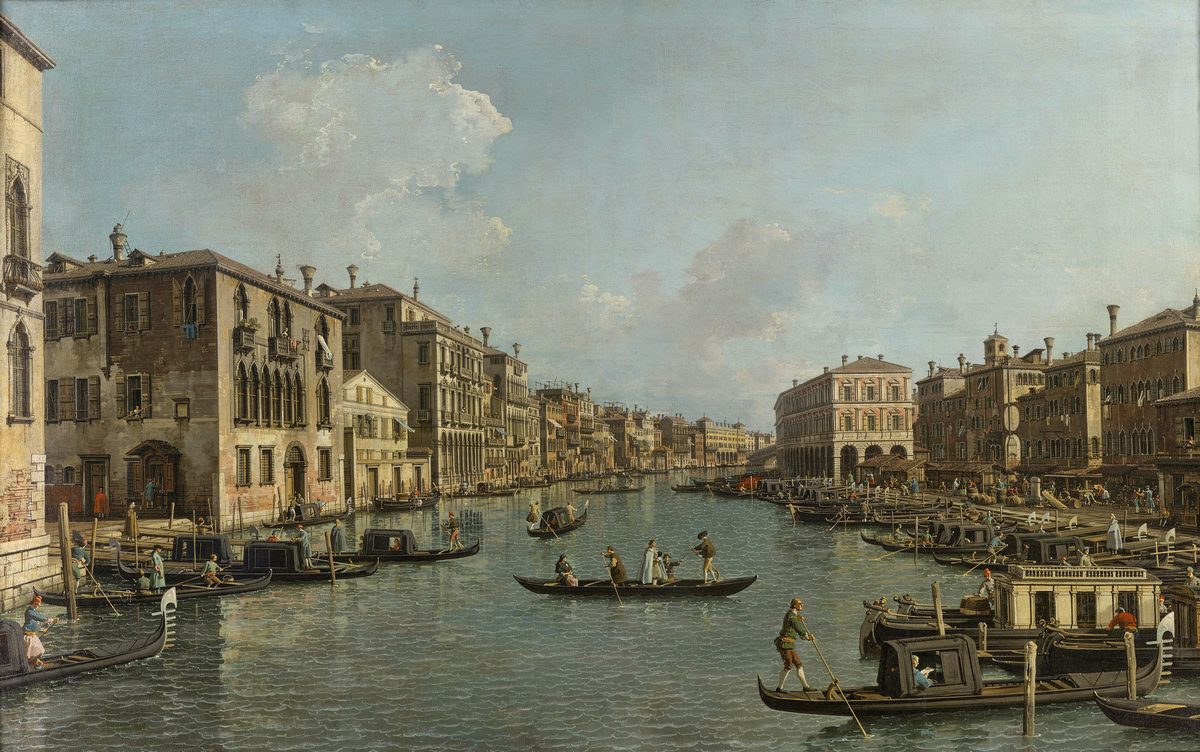 Canaletto: Il Canal Grande visto verso sud-est dal Ponte di Rialto -  (The Grand Canal, looking South-East, from Campo Santa Sofia to the Rialto Bridge) - Oil on canvas (1758-62) - Gemäldegalerie Alte Meister, Berlin
