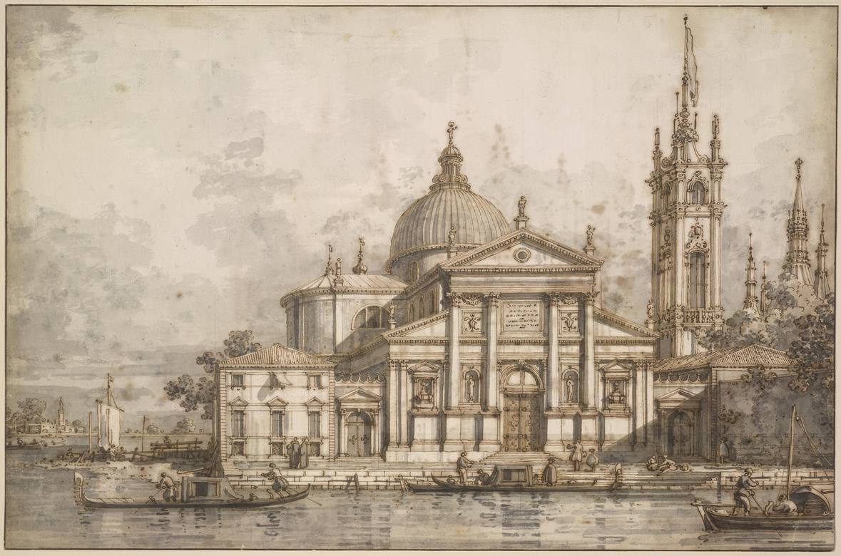 Canaletto:  [ca. 1760-68] - Capriccio with S. Giorgio Maggiore and a Baroque steeple - Drawing - Pen and brown ink and grey wash, over black chalk - British Museum, London
