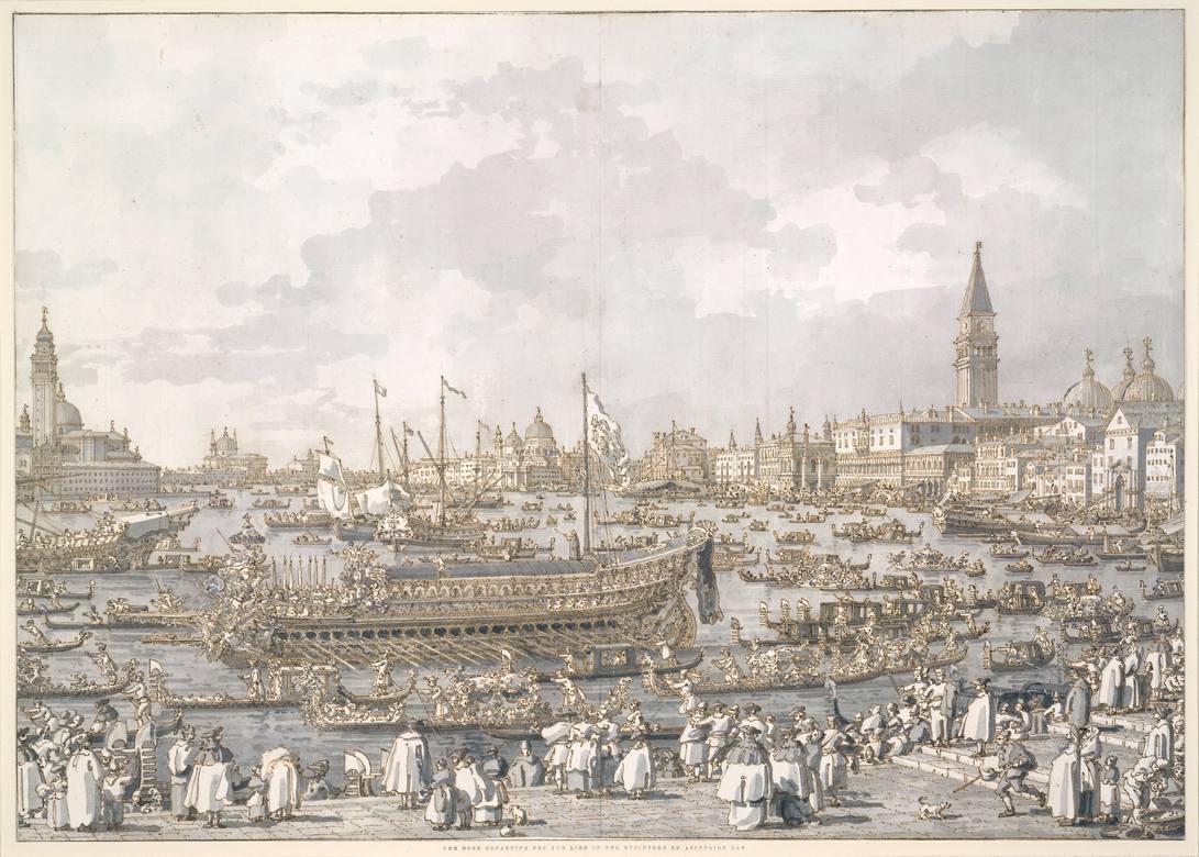 Canaletto:  [1763-66] - The Doge departing for the Lido in the Bucintoro on Ascension Day - Drawing - Pen and brown ink and grey wash, heightened with white (oxidised), over black chalk (some of it drawn with a ruler) - British Museum